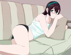 Rule 34 | 10s, 1girl, black hair, black panties, blush, couch, glasses, hairband, kantai collection, long hair, looking at viewer, lying, midriff, hugging object, ojipon, on couch, on side, ooyodo (kancolle), panties, pillow, pillow hug, semi-rimless eyewear, solo, under-rim eyewear, underwear