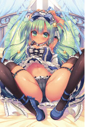 Rule 34 | 1girl, arms behind head, avocado-chan, bdsm, black bow, black panties, black thighhighs, blue bow, blue footwear, blue ribbon, blush, bondage, bound, bound wrists, bow, breasts, buckle, cameltoe, dark-skinned female, dark skin, detached collar, dress, embarrassed, frilled dress, frilled hairband, frilled panties, frilled pillow, frilled thighhighs, frills, furrowed brow, green bow, green eyes, green hair, hairband, highres, legwear garter, lolita fashion, lolita hairband, long hair, looking at viewer, lying, medium breasts, melonbooks, navel, on back, on bed, panties, pillow, restrained, ribbon, ribbon bondage, rubi-sama, solo, spread legs, stomach, striped bow, thigh strap, thighhighs, thighs, two side up, underwear, very long hair, white headdress