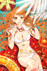 Rule 34 | 1girl, akmn, bikini, blurry, blurry foreground, bracelet, breasts, candy, cape, cleavage, coin, crown, earrings, food, fruit, highres, holding, holding candy, holding food, holding lollipop, jewelry, lollipop, long hair, looking at viewer, lying, mandarin orange, nami (one piece), on back, one piece, orange eyes, orange hair, red cape, solo, swimsuit, twitter username, white bikini