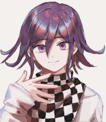 Rule 34 | 1boy, beige background, checkered clothes, checkered scarf, closed mouth, commentary request, danganronpa (series), danganronpa v3: killing harmony, grey background, hair between eyes, hand up, jacket, lemontea, long sleeves, looking at viewer, male focus, oma kokichi, portrait, purple eyes, purple hair, scarf, short hair, simple background, smile, solo, white jacket