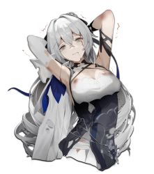 Rule 34 | 1girl, absurdres, armor, armpits, arms behind head, arms up, bare shoulders, blood, blood on face, breasts, bronya zaychik, bronya zaychik (silverwing: n-ex), bruise, cleavage, dress, grey eyes, grey hair, highres, honkai (series), honkai impact 3rd, injury, large breasts, long hair, looking at viewer, pauldrons, shoulder armor, simple background, single pauldron, solo, torn clothes, trembling, very long hair, white background, white dress, yukizawa xueze