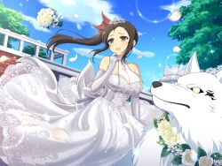 Rule 34 | bouquet, bouquet toss, breasts, bridal gauntlets, building, cleavage, cloud, cloudy sky, day, dress, falling petals, flower, green eyes, hair ribbon, large breasts, long hair, looking to the side, murakumo (senran kagura), non-web source, official art, open mouth, petals, ribbon, senran kagura, senran kagura new link, side ponytail, sky, tiara, tree, wedding, wedding dress, white wolf, wolf, worried, yaegashi nan
