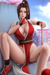 Rule 34 | 1girl, arduina (arduin art), bare legs, bare shoulders, breasts, brown eyes, brown hair, cherry blossoms, cleavage, day, fatal fury, folding fan, hand fan, highres, large breasts, lips, outdoors, pelvic curtain, ponytail, red footwear, shiranui mai, solo, spread legs, torii