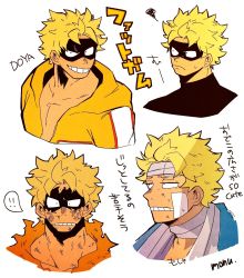 Rule 34 | !, !!, 1boy, bandage on face, bandages, black mask, black shirt, blonde hair, boku no hero academia, closed mouth, commentary request, eye mask, fat gum (boku no hero academia), frown, grin, highres, hood, hooded jacket, jacket, long sleeves, looking at viewer, male focus, monu, multiple views, portrait, shirt, short hair, simple background, smile, squiggle, torn clothes, translation request, white background, yellow jacket