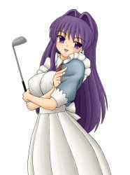 Rule 34 | 00s, apron, clannad, crossed arms, dress, fujibayashi kyou, ladle, long hair, muguru, purple eyes, purple hair, solo