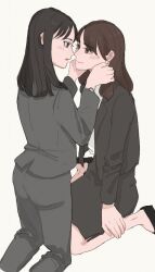 Rule 34 | 2girls, black eyes, black footwear, black hair, black jacket, black pants, black skirt, black suit, blush, brown eyes, brown hair, closed mouth, eye contact, formal, hand on another&#039;s face, jacket, kneeling, long hair, looking at another, multiple girls, office lady, open mouth, original, pants, pencil skirt, pizza (2525jdm jdm), shirt, simple background, skirt, suit, watch, white background, white shirt, wristwatch, yuri