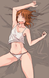 Rule 34 | 10s, 1girl, arm up, armpits, bad id, bad tumblr id, bed sheet, brown hair, drooling, closed eyes, headgear, highres, kantai collection, maya (kancolle), messy hair, navel, noccu, open mouth, panties, short hair, sleeping, solo, spaghetti strap, tank top, underwear, underwear only, white panties