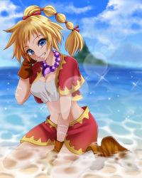 Rule 34 | 1girl, bandages, blonde hair, blue eyes, breasts, chrono cross, facial mark, gloves, high ponytail, jewelry, kid (chrono cross), long hair, looking at viewer, midriff, mui (nincap), multi-tied hair, navel, necklace, ponytail, skirt, smile, solo, vest