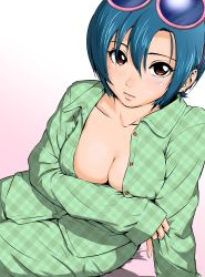 Rule 34 | 1girl, blue-tinted eyewear, blue hair, blush, breast hold, breasts, brown eyes, cleavage, commentary request, eyewear on head, green shirt, highres, looking at viewer, mahha warabi, may lee, medium breasts, no bra, pajamas, pink-framed eyewear, pink background, plaid, plaid shirt, shirt, sitting, solo, sunglasses, sunglasses on head, the king of fighters, the king of fighters 2001, tinted eyewear, unbuttoned, unbuttoned shirt, unmoving pattern