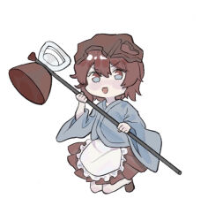 Rule 34 | 1other, androgynous, apron, blue kimono, blue sleeves, brown footwear, brown hakama, brown headwear, brown skirt, commentary, dated commentary, frilled apron, frills, full body, hakama, hakama short skirt, hakama skirt, hammer, helmet, holding, holding hammer, japanese clothes, jishixingle1029, katano sukune, katano sukune&#039;s bottle opener, kimono, len&#039;en, light blush, long sleeves, looking at viewer, open mouth, other focus, pale skin, red eyes, short hair, simple background, skirt, slippers, smile, solo, v-shaped eyebrows, waist apron, white apron, white background, wide sleeves