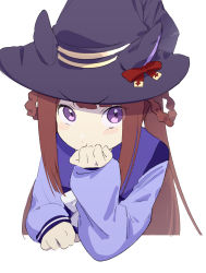 Rule 34 | 1girl, :t, absurdres, brown hair, hair rings, hat, head rest, highres, long hair, long sleeves, looking at viewer, michia (bourgognepony), pout, purple eyes, purple shirt, shirt, simple background, solo, sweep tosho (umamusume), umamusume, v-shaped eyebrows, white background, witch hat