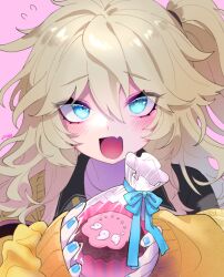 Rule 34 | 1girl, aqua eyes, bag, black shirt, blonde hair, blue nails, blush, cardigan, commentary request, cupcake, fang, flying sweatdrops, food, hands up, highres, holding, holding bag, incoming gift, jewelry, kasukabe tsumugi, long hair, magatama, magatama necklace, marutsubo, messy hair, necklace, off shoulder, one side up, open mouth, pink background, raised eyebrows, scrunchie, shirt, simple background, skin fang, sleeves past wrists, smile, solo, two-handed, upturned eyes, valentine, voicevox, wrist scrunchie, yellow cardigan