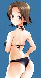 Rule 34 | 10s, 1girl, ass, back, bad id, bad twitter id, bikini, black bikini, blue background, breasts, brown eyes, brown hair, cowboy shot, from behind, girls und panzer, hand on own hip, looking at viewer, looking back, nakasone haiji, parted bangs, sawa azusa, short hair, simple background, skindentation, small breasts, solo, standing, swimsuit
