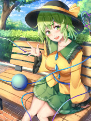 Rule 34 | 1girl, :d, bench, black hat, blouse, breasts, bush, cloud, cloudy sky, collarbone, commentary request, day, eyeball, feet out of frame, frills, green eyes, green hair, green skirt, hand up, hat, hat ribbon, head tilt, heart, heart of string, highres, knees together feet apart, komeiji koishi, large breasts, long sleeves, looking at viewer, nagomian, open mouth, outdoors, ribbon, shirt, short hair, sitting, skirt, sky, smile, solo, third eye, touhou, tree, waving, yellow shirt