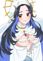 Rule 34 | 1girl, absurdres, belt, black hair, blue gemstone, blue hair, blush, breasts, brown eyes, chest belt, cleavage, cleavage cutout, closed mouth, clothing cutout, coif, commentary request, curled horns, demon girl, demon horns, dress, gem, gold, grey horns, halo, hebiyoi tier, hebiyoi tier (2nd costume), highres, horns, interlocked fingers, islandz, large breasts, long hair, looking at viewer, multicolored hair, nanashi inc., nun, own hands together, parted bangs, sidelocks, simple background, smile, solo, two-tone hair, upper body, virtual youtuber, white background, white belt, white dress, white headwear, yellow halo