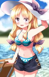 Rule 34 | 1girl, aqua bikini, beach, bikini, black skirt, blonde hair, blue sky, blurry, blurry background, bow, breasts, cleavage, commentary request, hand on headwear, hat, hat bow, highres, large breasts, long hair, looking at viewer, louise (touhou), navel, ocean, open mouth, outdoors, purple bow, ruu (tksymkw), skirt, sky, solo, swimsuit, tearing up, touhou, touhou (pc-98), white hat