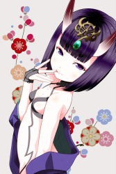 Rule 34 | 1girl, blunt bangs, bob cut, breasts, fang, fang out, fate/grand order, fate (series), grey background, head tilt, headpiece, horns, looking at viewer, purple eyes, purple hair, revealing clothes, short hair, shuten douji (fate), skin-covered horns, small breasts, smile, solo, thick eyebrows, tsukumo (soar99)