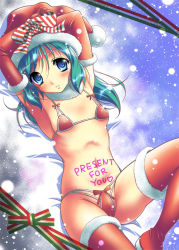 Rule 34 | armpits, blue eyes, boots, bow, bra, elbow gloves, english text, flat chest, gift, gloves, green hair, hat, kusui aruta, lingerie, long hair, original, panties, ribbon, santa hat, slave, solo, thigh boots, thighhighs, underwear, underwear only