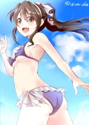 Rule 34 | 10s, 1girl, :d, ashigara (kancolle), ass, bikini, blush, breasts, brown eyes, brown hair, fangs, from behind, gradient background, hairband, izumi akane, kantai collection, long hair, looking back, open mouth, ponytail, smile, solo, swimsuit, twitter username, underboob