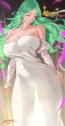 Rule 34 | 1girl, 2022, artist name, bare shoulders, blush, breasts, cleavage, closed eyes, collarbone, dated, dress, female focus, fire emblem, fire emblem: three houses, fire emblem heroes, green hair, highres, large breasts, long hair, nintendo, parted bangs, rhea (fire emblem), sendo (sendrawz), signature, solo, white dress
