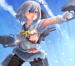 Rule 34 | 10s, 1girl, bad id, bad pixiv id, battle, black pantyhose, blouse, blue eyes, blue sky, breasts, burnt clothes, cannon, cloud, dakunesu, day, gloves, gradient background, gun, hair ornament, hair over one eye, hairclip, hamakaze (kancolle), highres, kantai collection, medium breasts, ocean, pantyhose, pleated skirt, school uniform, serafuku, shirt, short hair, skirt, sky, solo, torn clothes, torpedo, turret, water, weapon, white gloves, white hair