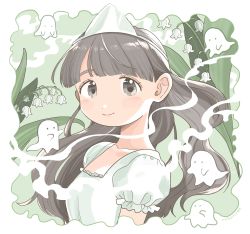 Rule 34 | 1girl, black eyes, black hair, blunt bangs, blush, collarbone, dress, flower, ghost, ghost tail, highres, lily of the valley, nagomurasan, orchid, original, puffy sleeves, smile, solo, tareme, triangular headpiece, white dress