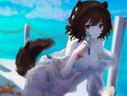 Rule 34 | 1girl, absurdres, animal ears, arknights, bare shoulders, bikini, blue sky, blush, braid, breasts, brown eyes, brown hair, cleavage, cloud, commentary request, cowboy shot, day, highres, large breasts, looking at viewer, official alternate costume, roberta (arknights), roberta (summer flowers) (arknights), short hair, short shorts, shorts, sky, solo, stomach, swimsuit, tail, thigh strap, water, white bikini, white shorts, yunnasu