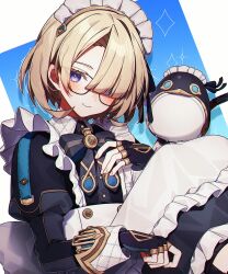 Rule 34 | 1boy, alternate costume, apron, bespectacled, black gloves, blonde hair, blue eyes, blush, closed mouth, coojisan, crossdressing, dress, enmaided, fingerless gloves, freckles, freminet (genshin impact), frilled apron, frills, genshin impact, glasses, gloves, hair over one eye, highres, long sleeves, looking at viewer, maid, maid headdress, pers (genshin impact), simple background, sparkle, trap, white apron