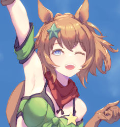 Rule 34 | 1girl, ;d, absurdres, animal ears, arm up, armband, armpits, bandana, bandeau, bare shoulders, bikini, bikini under clothes, blue eyes, blue sky, brown gloves, brown hair, cloud, commentary, contrail, day, gloves, green armband, hair ornament, hand up, highres, horse ears, looking at viewer, one eye closed, open mouth, outdoors, ponytail, short hair, sky, smile, solo, star (symbol), star hair ornament, stella (stella), swimsuit, taiki shuttle (umamusume), umamusume, upper body