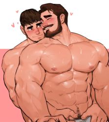 Rule 34 | 2boys, abs, bara, beard, brown hair, couple, dopey (dopq), facial hair, heart, heart-shaped pupils, highres, large pectorals, male focus, male underwear, mature male, messy hair, multiple boys, muscular, muscular male, navel, navel hair, nipples, original, out-of-frame censoring, pectorals, short hair, stomach, symbol-shaped pupils, thick eyebrows, underwear, underwear only, undressing another, wet, white male underwear, yaoi