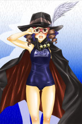 Rule 34 | 1girl, air gear, blush, brown eyes, cape, croissant mask, domino mask, embarrassed, hat, maria-sama ga miteru, mask, matsudaira touko, name tag, one-piece swimsuit, parody, school swimsuit, solo, sweat, swimsuit, v, v over eye