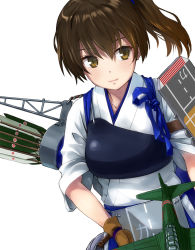 Rule 34 | 10s, 1girl, arrow (projectile), asymmetrical hair, blue ribbon, brown eyes, brown gloves, brown hair, closed mouth, collarbone, fletches, flight deck, gloves, hair tie, japanese clothes, kaga (kancolle), kantai collection, kimono, looking at viewer, muneate, plant, quiver, ribbon, short sleeves, side ponytail, simple background, smile, solo, white background, yone