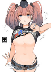 Rule 34 | 1girl, :o, absurdres, alternate costume, atlanta (kancolle), belt, black bra, black panties, black shirt, blue eyes, blush, bra, breasts, brown belt, brown hair, clothes lift, clothes writing, denim, denim shorts, earrings, fujiyama ichiha, garrison cap, hat, headgear, highleg, highleg panties, highres, jewelry, kantai collection, large breasts, lifting own clothes, long hair, multicolored nails, nail polish, open mouth, panties, shirt, shirt lift, short shorts, shorts, simple background, single earring, solo, star (symbol), star earrings, t-shirt, two side up, underwear, white background