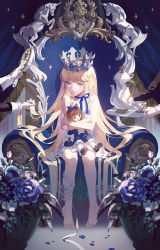 Rule 34 | 1girl, 2others, bandages, barefoot, blonde hair, blue eyes, blue ribbon, crown, cup, doll, hugging doll, dress, fajyobore, flower, hair brush, long hair, making-of available, multiple others, neck ribbon, hugging object, original, petals, ribbon, teacup, teapot, throne, white dress