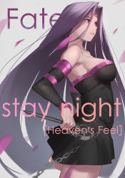 Rule 34 | 1girl, absurdly long hair, black dress, black sleeves, breasts, chain, copyright name, cowboy shot, cropped legs, detached sleeves, dress, facial mark, fate/stay night, fate (series), female focus, floating hair, hair between eyes, highres, holding, holding weapon, long hair, long sleeves, medium breasts, medusa (fate), medusa (rider) (fate), parted lips, purple eyes, purple hair, short dress, sideboob, solo, standing, strapless, strapless dress, tube dress, very long hair, weapon, yu-hi