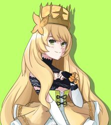 Rule 34 | 1girl, blonde hair, butterfly hair ornament, celine (fire emblem), crown, detached sleeves, dress, fire emblem, fire emblem engage, green background, green eyes, hair ornament, highres, long hair, looking at viewer, nintendo, not sauce, shadow, smile, solo, upper body, very long hair
