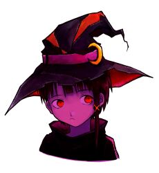 Rule 34 | 1girl, alternate costume, black jacket, closed mouth, commentary, crescent, crescent hat ornament, cropped shoulders, expressionless, hat, hat ornament, highres, iwakura lain, jacket, large hat, looking afar, looking to the side, portrait, red eyes, sano (sano45726280), serial experiments lain, simple background, solo, white background, witch, witch hat
