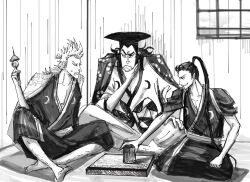 Rule 34 | 3boys, commentary request, crossed legs, denjirou (one piece), eyewear on head, food, greyscale, hand on own chin, haori, indoors, japanese clothes, kimono, kinemon, kjjmmmut, kouzuki oden, male focus, monochrome, multiple boys, one piece, playing games, ponytail, profile, sitting, v-shaped eyebrows