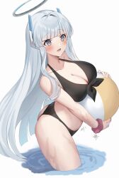 Rule 34 | 1girl, ball, blue archive, breasts, cleavage, grey hair, highres, large breasts, looking at viewer, noa (blue archive), open mouth, oshage (osyage921), purple eyes, simple background, solo, swimsuit, water
