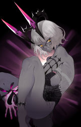 Rule 34 | 1girl, absurdres, backlighting, bare shoulders, barefoot, black background, black dress, breasts, colored skin, detached sleeves, dress, fate/grand order, fate (series), glasses, grey hair, grey skin, grin, highres, horns, jacques de molay (foreigner) (fate), jacques de molay (foreigner) (third ascension) (fate), knees up, large breasts, legs, lemoneko, looking at viewer, short dress, short hair, smile, solo, yellow eyes