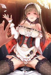 Rule 34 | 1boy, 1girl, blurry, breasts, brown eyes, brown hair, chandelier, choker, commentary request, condom, corset, depth of field, earrings, fishnets, frilled thighhighs, frills, garter straps, highres, idolmaster, idolmaster cinderella girls, imminent penetration, jewelry, large breasts, long hair, maid, maid headdress, mk (mod0), nail polish, nitta minami, open mouth, panties, solo focus, straddling, thighhighs, throwing, underwear, white panties, wrist cuffs