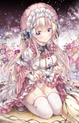 Rule 34 | 1girl, black footwear, blonde hair, blush, bonnet, bow, bow panties, closed mouth, commentary request, dress, floral background, flower, frilled dress, frilled jacket, frills, full body, garter straps, hair between eyes, hair ornament, highres, jacket, layered sleeves, lifted by self, lolita fashion, long hair, long sleeves, looking at viewer, open clothes, open jacket, original, panties, pink headwear, puffy short sleeves, puffy sleeves, purple eyes, rabbit hair ornament, red flower, ryo (botugo), shoes, short over long sleeves, short sleeves, smile, solo, sweet lolita, thighhighs, underwear, very long hair, white dress, white jacket, white panties, white thighhighs, wide sleeves
