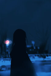 Rule 34 | 1girl, absurdres, bare tree, blurry, blurry background, bokeh, building, coat, dark, depth of field, gracile, highres, long hair, night, original, silhouette, sky, snow, solo, tree, winter