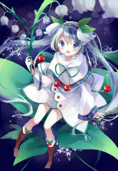 Rule 34 | 1girl, aqua hair, blue eyes, boots, brown footwear, capelet, flower, fur boots, hatsune miku, headset, highres, knee boots, lily of the valley, long hair, natyu hata, open mouth, snowflake print, snowflakes, solo, twintails, very long hair, vocaloid, yuki miku