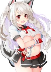 Rule 34 | 1girl, :d, animal ears, azur lane, braid, breasts, commentary request, crossed arms, fake animal ears, fingerless gloves, gloves, hidaka0503, long hair, looking at viewer, nail polish, navel, open mouth, pleated skirt, red eyes, school uniform, serafuku, silver hair, simple background, single braid, skirt, smile, solo, tail, tattoo, underboob, white background, wolf tail, yuudachi (azur lane)