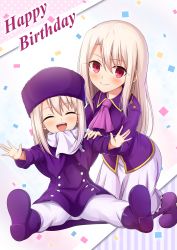 Rule 34 | 2girls, :d, ^ ^, ascot, blonde hair, blouse, blush, boots, closed eyes, coat, commentary, confetti, dual persona, english commentary, facing viewer, fate/stay night, fate/zero, fate (series), hair between eyes, happy birthday, hat, highres, illyasviel von einzbern, long hair, long skirt, looking at viewer, morokoshi (tekku), multiple girls, open mouth, outstretched arms, pants, pink ascot, purple coat, purple footwear, purple shirt, scarf, shirt, simple background, sitting, skirt, smile, time paradox, white background, white scarf, white skirt
