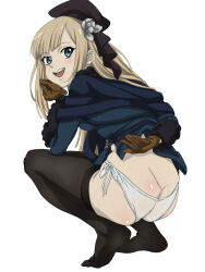 Rule 34 | 1girl, :d, arm behind back, ass, black headwear, black thighhighs, blonde hair, blue jacket, brown gloves, butt crack, clothes lift, fate (series), gloves, green eyes, grey flower, highres, jacket, jacket lift, long hair, lord el-melloi ii case files, no shoes, nomanota, open mouth, panties, reines el-melloi archisorte, shiny skin, side-tie panties, simple background, smile, solo, squatting, teeth, thighhighs, underwear, upper teeth only, white background, white panties