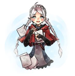 Rule 34 | 1girl, ahoge, black bridal gauntlets, blue eyes, braid, bridal gauntlets, capelet, fire emblem, fire emblem fates, hairband, harness, holding, holding paper, hood, hooded capelet, itsaboutspoons, long hair, looking at viewer, low twin braids, nina (fire emblem), nintendo, o-ring, o-ring harness, open mouth, paper, parted bangs, pointing, pointing at self, red capelet, solo, twin braids, white hairband