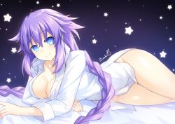 Rule 34 | 1girl, arm rest, artist name, bed sheet, binato lulu, blue eyes, braid, breasts, cleavage, commentary request, hair between eyes, hair flaps, large breasts, long hair, long sleeves, looking at viewer, lying, naked shirt, neptune (series), no panties, on stomach, power symbol, power symbol-shaped pupils, purple hair, purple heart (neptunia), shirt, sidelocks, smile, solo, star (symbol), symbol-shaped pupils, twin braids, white shirt