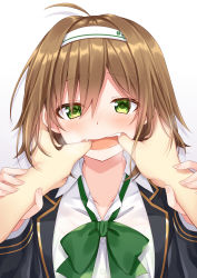 Rule 34 | 1boy, 1girl, black jacket, blazer, bow, bowtie, brown hair, collarbone, collared shirt, commentary request, dress shirt, fangs, finger in another&#039;s mouth, green eyes, green neckwear, hair between eyes, haru (kuzuyu), highres, holding another&#039;s wrist, jacket, komori kuzuyu, long sleeves, open clothes, open jacket, open mouth, original, shirt, solo focus, upper body, white shirt